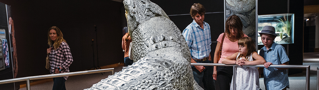 A family examines an exhibit at the Museum of the Rockies