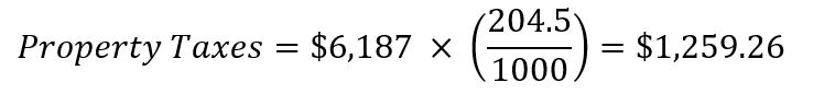 A city commission passes a budget of $32,675,419 for the year. With a total taxable property value of $159,782,000, the city taxes properties at 204.5 mills to generate the needed revenue. For a property with a taxable value of $6,187, the owner would pay $1,259.26 in city taxes: