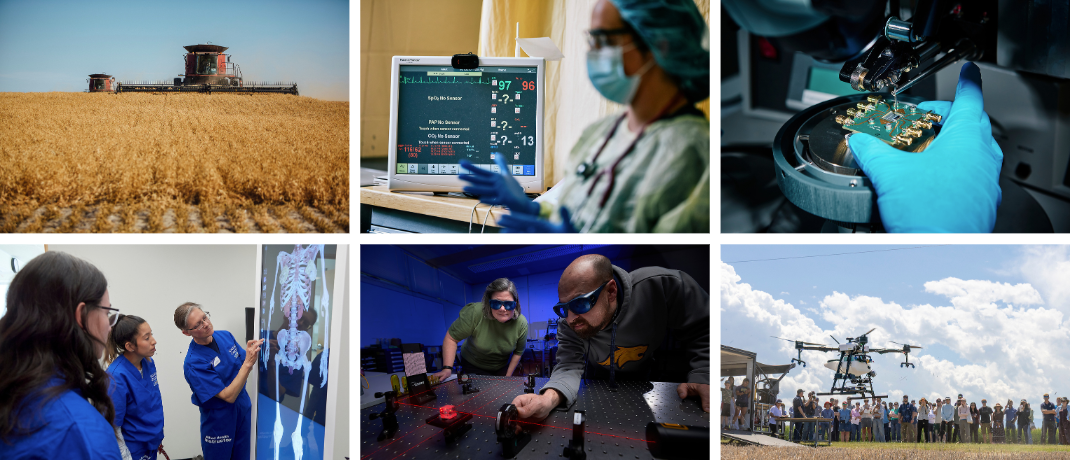 Six images show interdisciplinary elements of AI research, first image shows AI in AG, AI in nursing practice, AI in microfrabication, AI in teaching, AI in photonics, and AI in drones. 