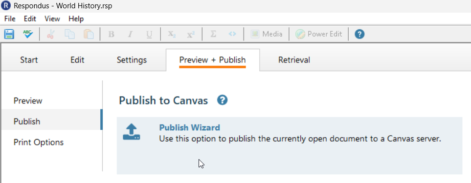 respondus home page with the preview and publish tab in focus