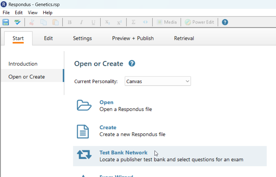 respondus start page with open textbook network in focus