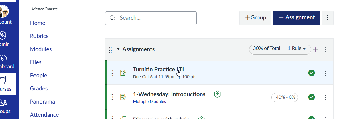 Assignment page of Canvas with Turnitin assignment selected