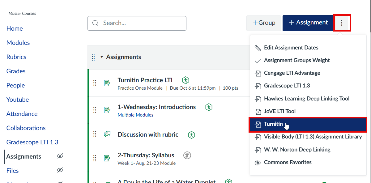 The three dots next to the +Assignment button in the assignment area outlined in red and from the dropdown, the tool Turnitin outlined in red