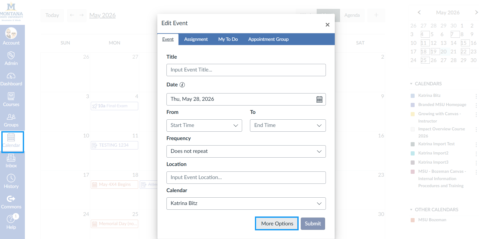 Canvas calendar event with various fields to fill out