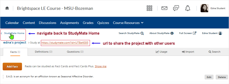 Brightspace_StudyMate screenshot 20.19.10 - navigate back to the StudyMate Home area that contains projects that have been created