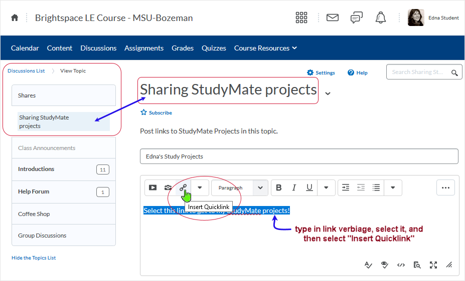 Brightspace_StudyMate screenshot 20.19.10 - create the statement and select the "Insert Quicklink" from the HTML editor's ribbon menu