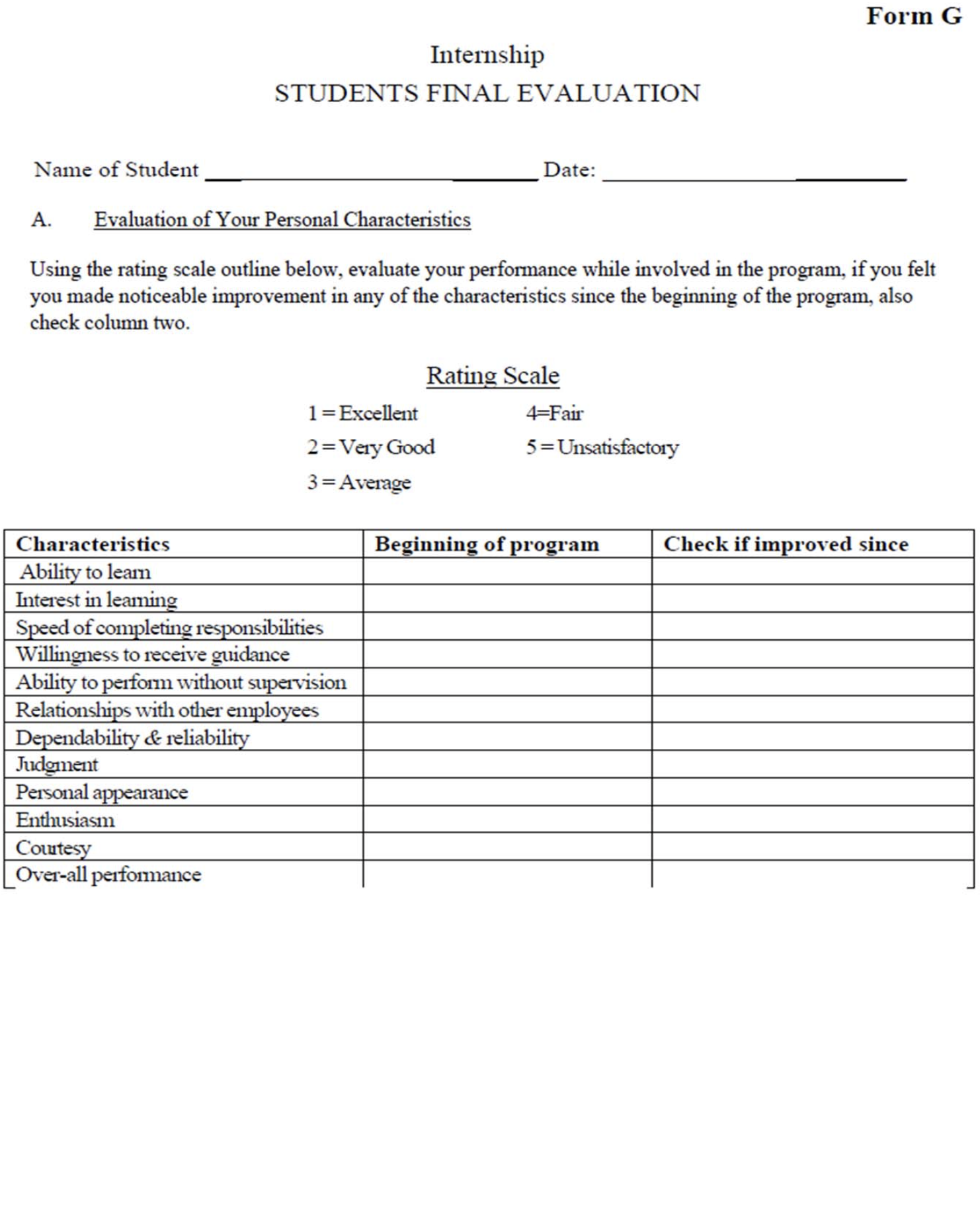 Form G, Internship, Students Final Evaluation