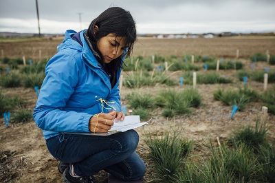 person kneeling in field with clipboard