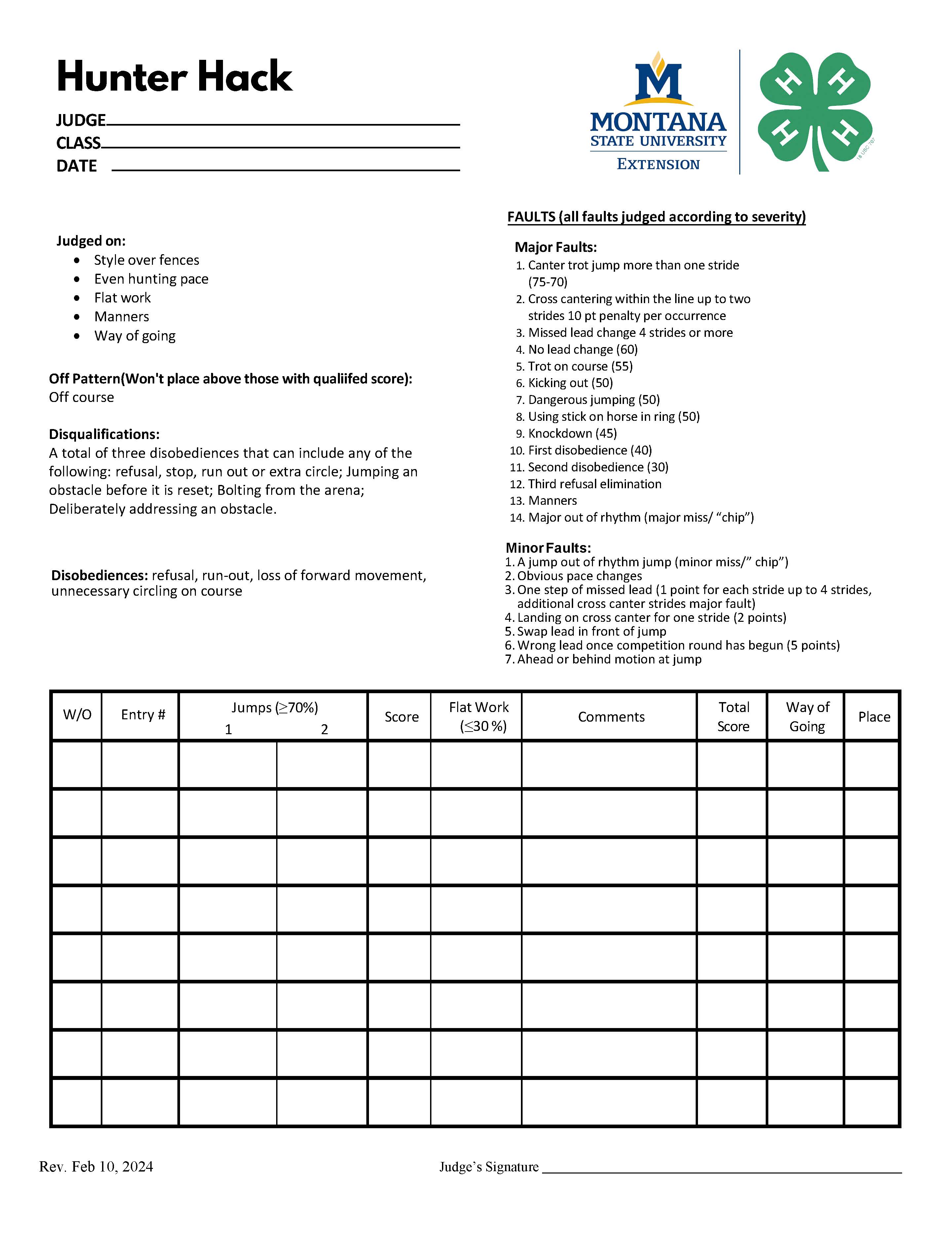 Hunter Hack Score Sheet