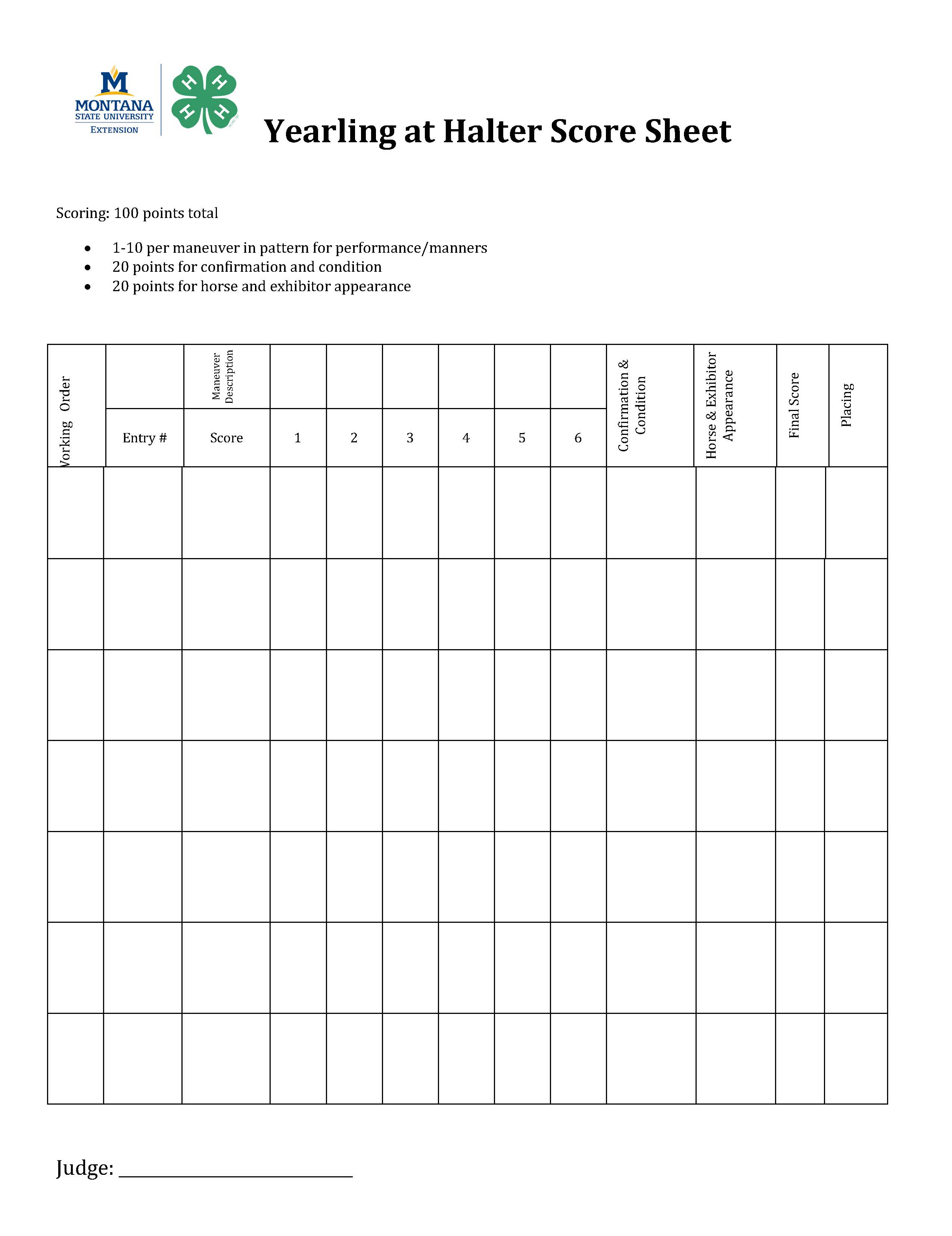 Yearling at Halter Score Sheet