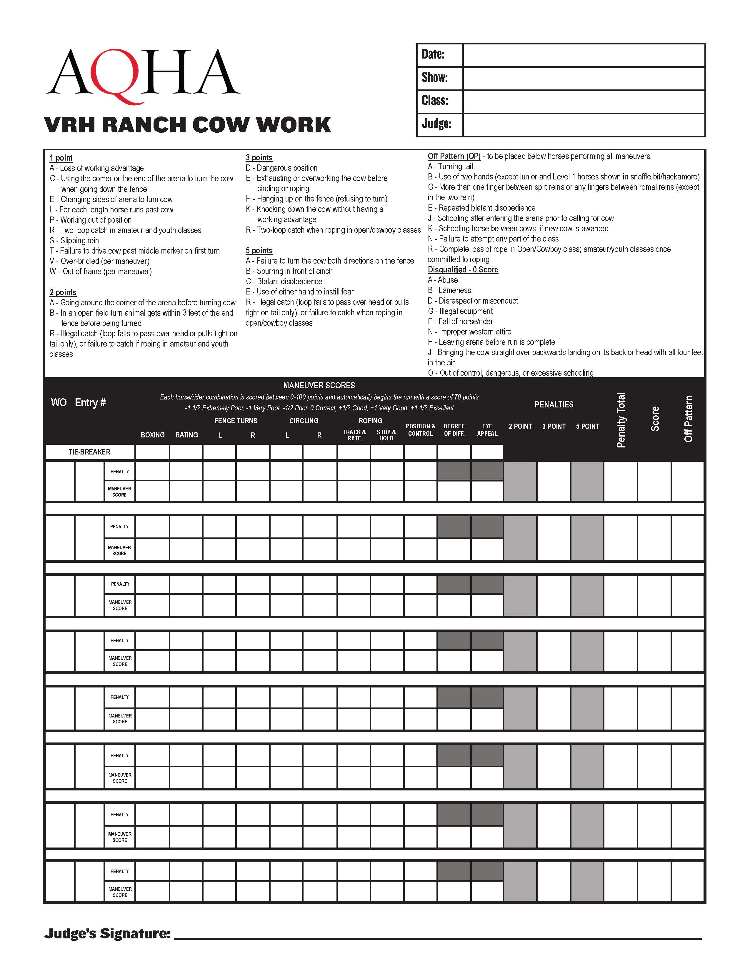 Ranch Cow Work Score Sheet