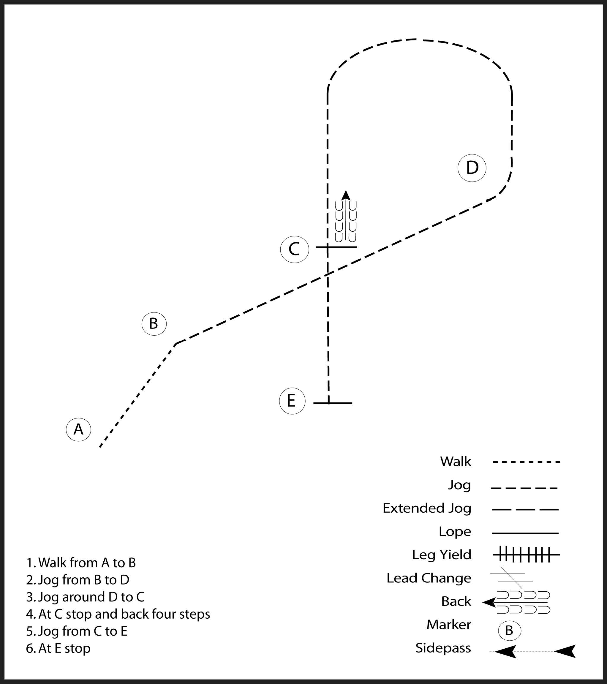 This diagram shows a pattern for a rider where they walk, jog, stop, and take 4 steps backward.