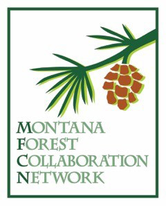 logo is a rectangle frame with a branch and pine cone hanging about the words Montana Forest Collaboration Network