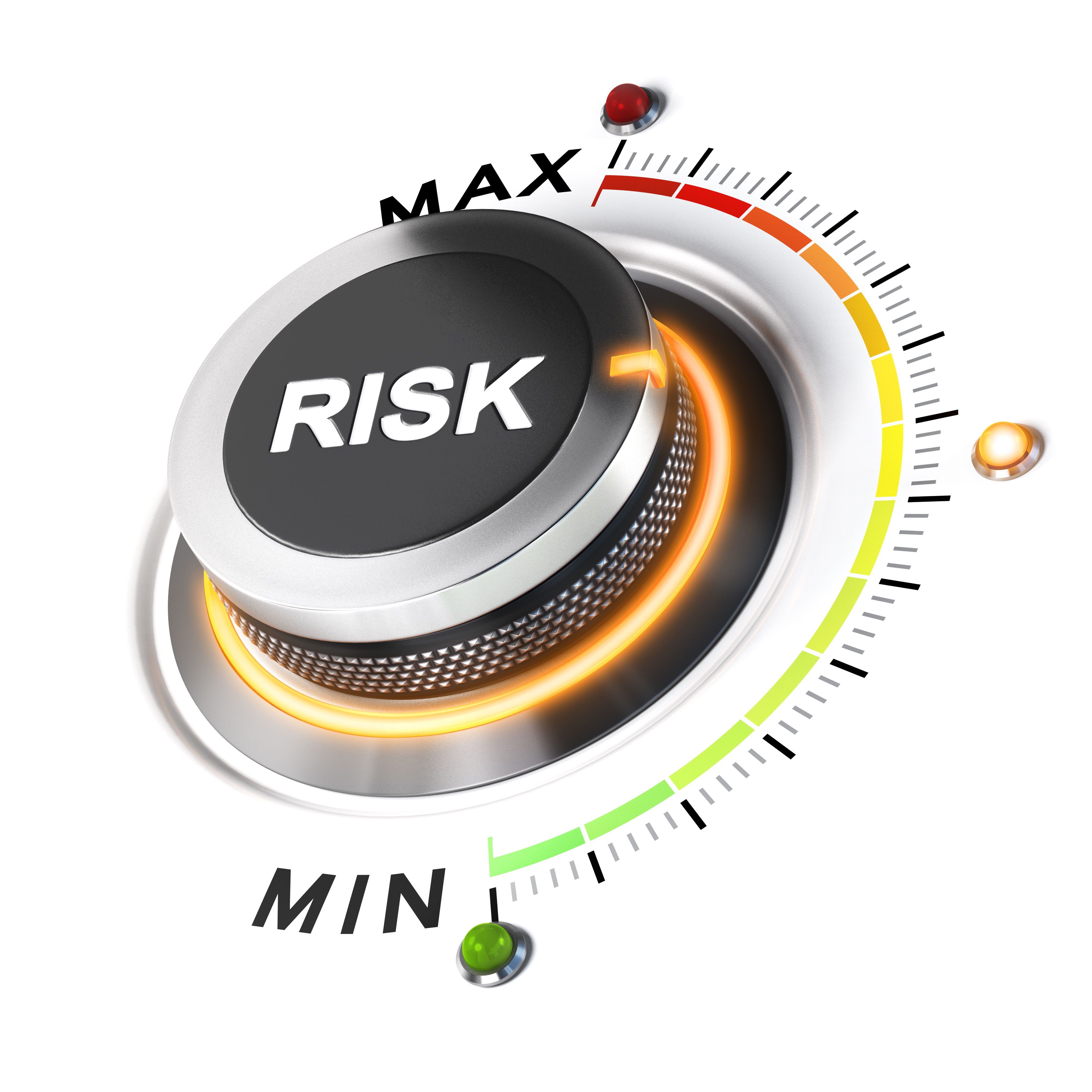 A dial with a measure from Min to Max. The dial says RISK on it