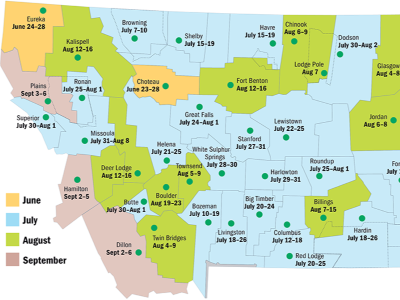 A color-coded map of Montana county boundaries with the dates and locations of 4-h fairs. The map is cropped to fit, so it is incomplete.