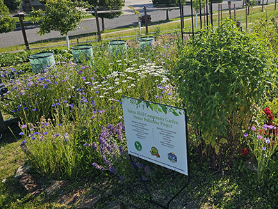 Sign identifying a community garden surrounded by flowering plants and garden beds.