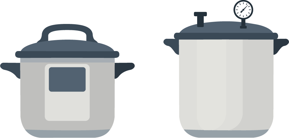 cooker vs. canner in a side-by-side comparison, the pressure cooker is smaller with a handle on the lid and a display screen, while the canner is taller and has a relief valve and pressure gauge on the lid