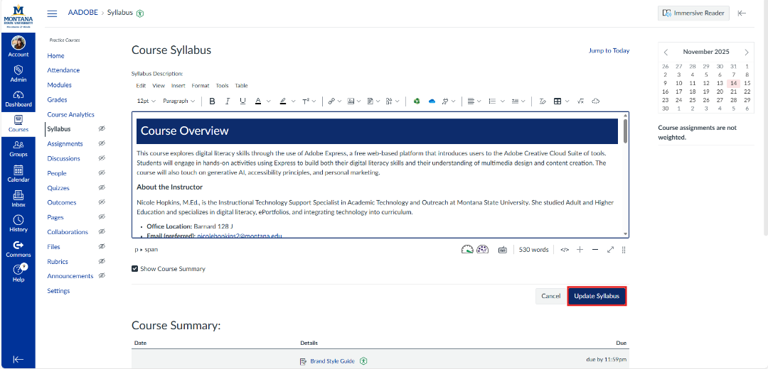 screenshot of Canvas page with update syllabus button highlighted