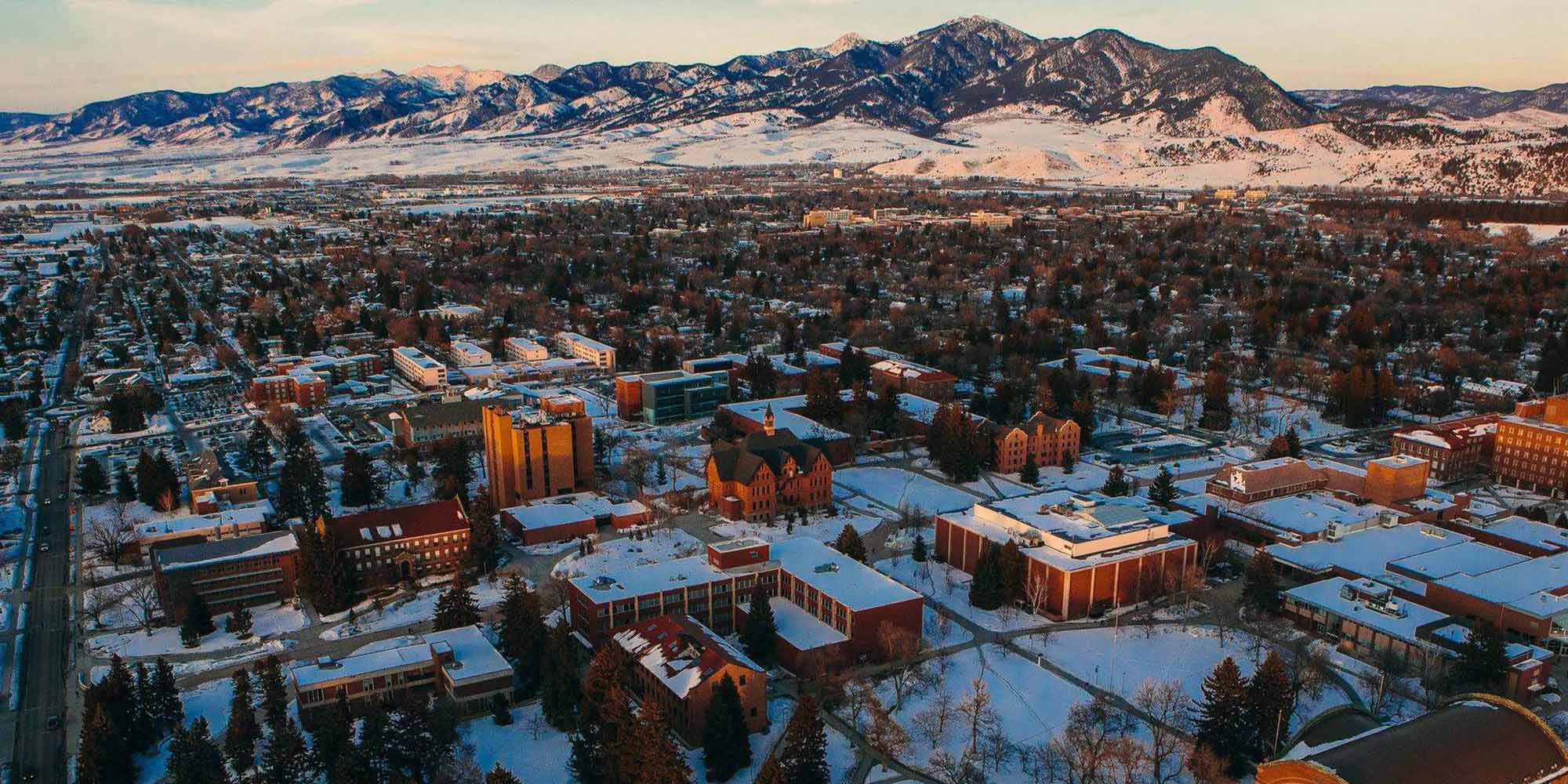 Ariel view of Montana State University-Bozeman campus in the winter.
