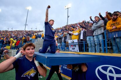 University cheerleaders lead a crowd of fans cheering in a packed outdoor stadium during a sports event.