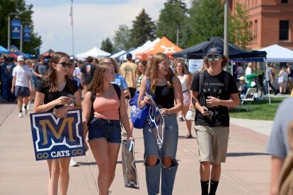Students walk on a sunny campus sidewalk holding signs that say Go Cats Go during an outdoor event.