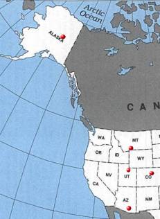 Map showing that Joseph Shaw has lived in Alaska, Utah, Arizona, Colorado, and Montana