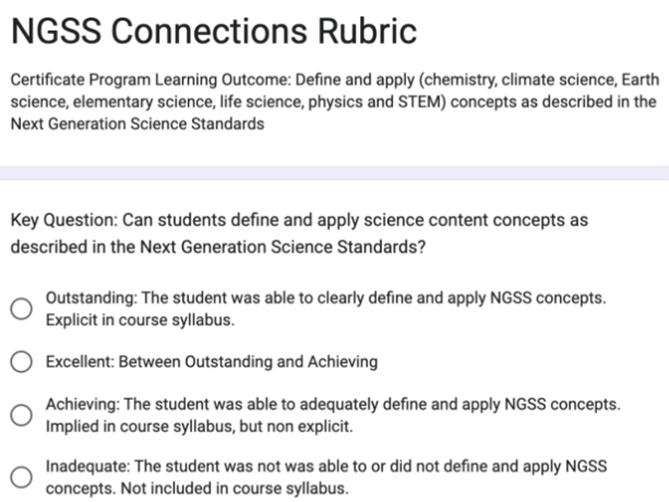 ngss connections rubric