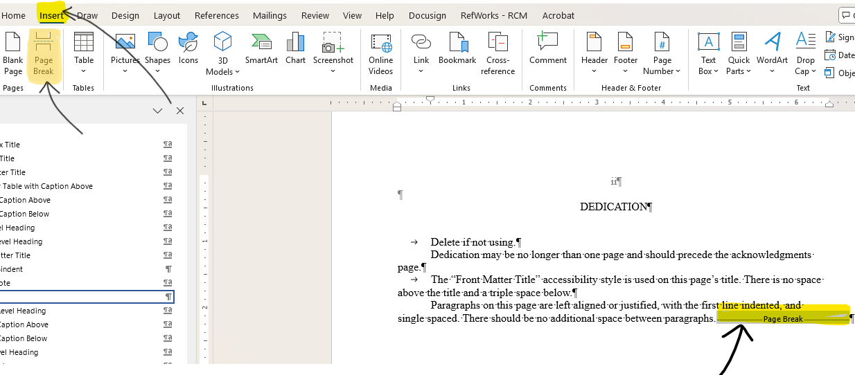Showing how to insert a page break 