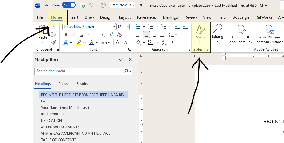 Screenshot of how to find and use preformatted styles.