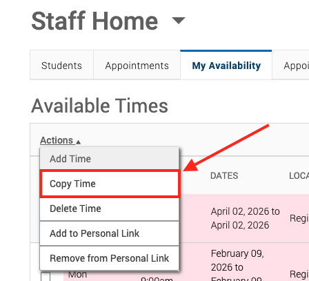 red box with arrow around Copy Time