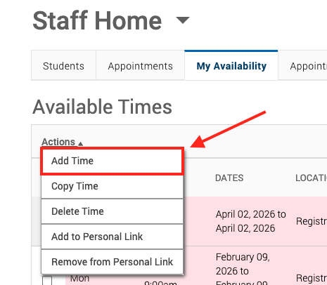 red box and arrow around Add Time text