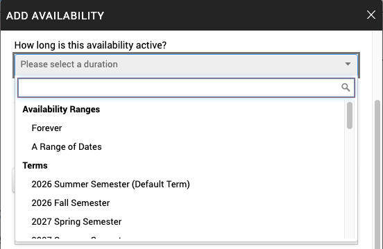 availability window with options for availability ranges and terms