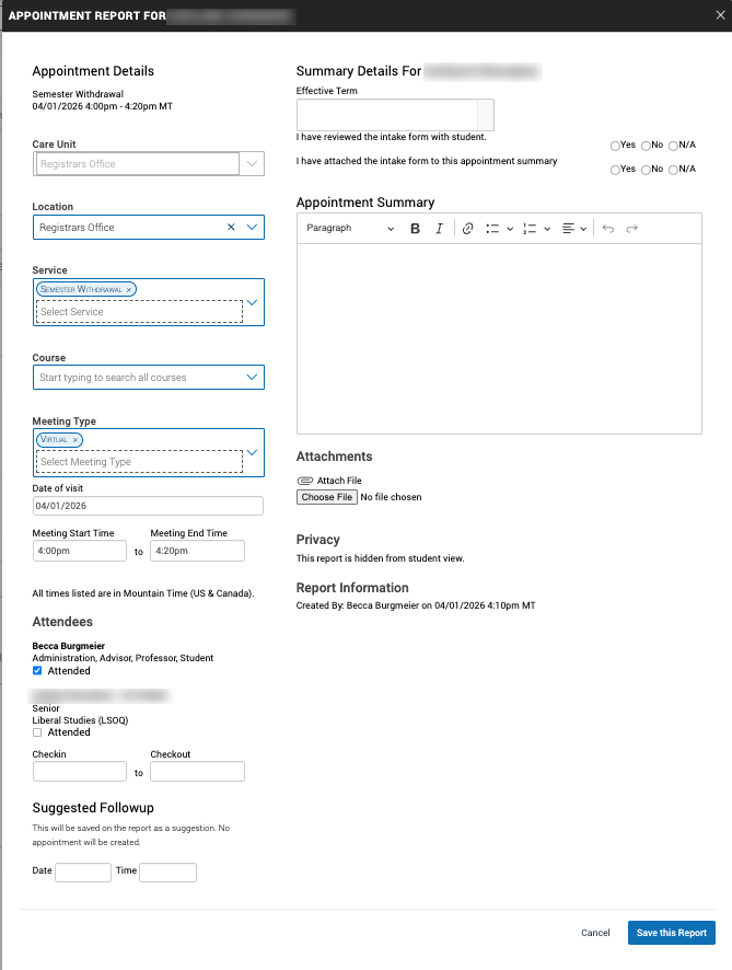 Appointment details is selected