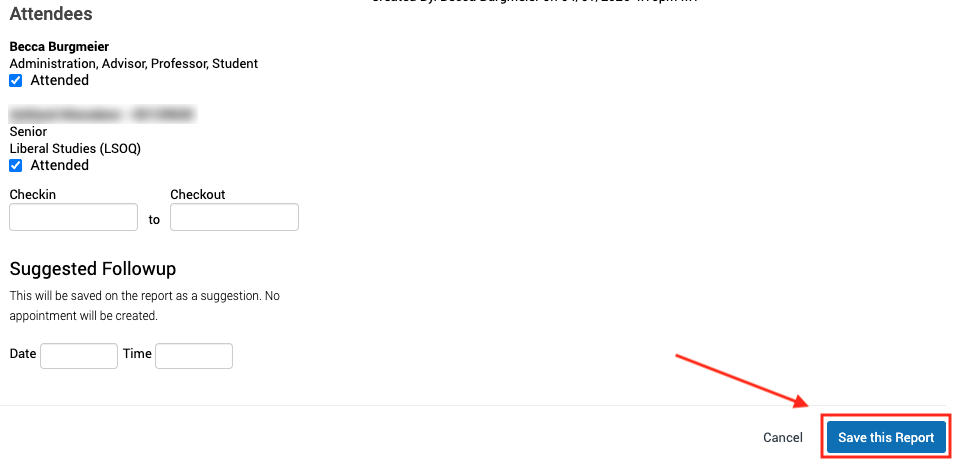 Arrow pointing on how to save the report
