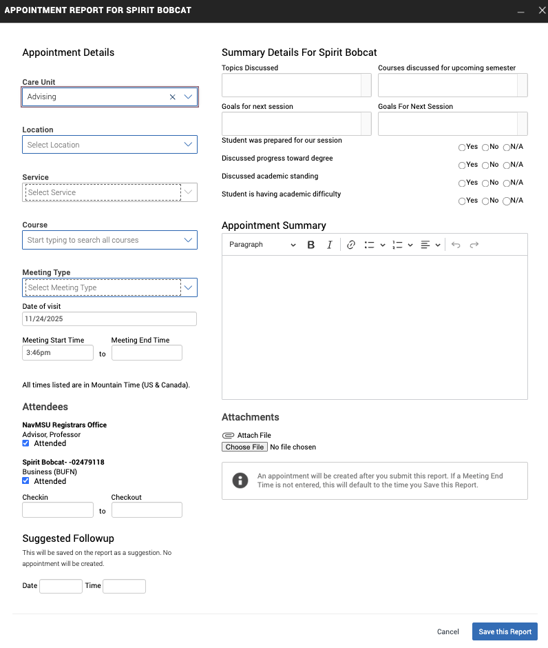 Form to show appointment details