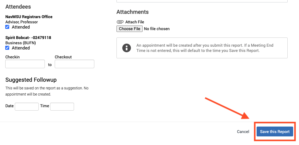 Red arrow pointing on how to save this final report
