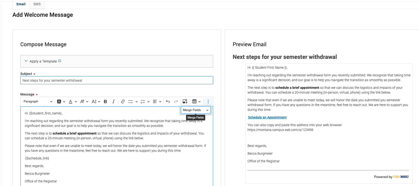 welcome message email with text