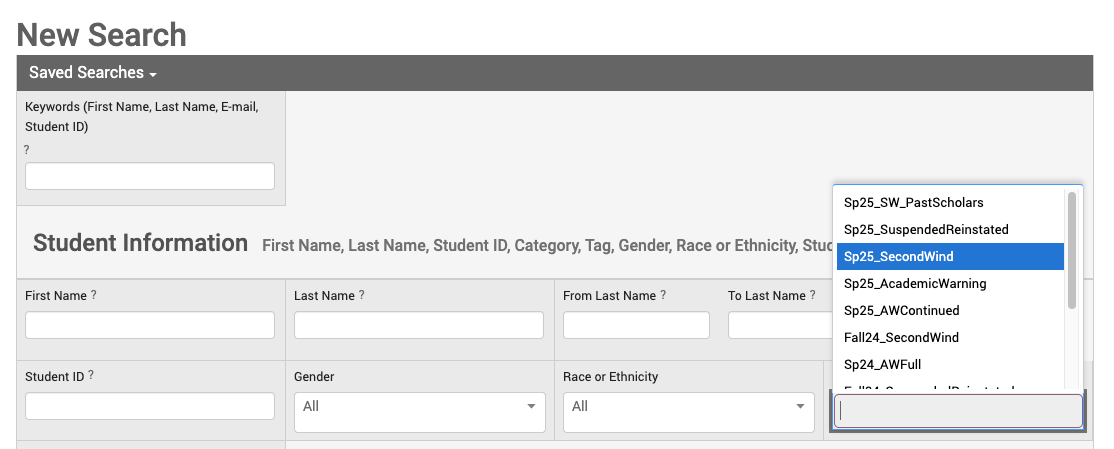search with student list opened