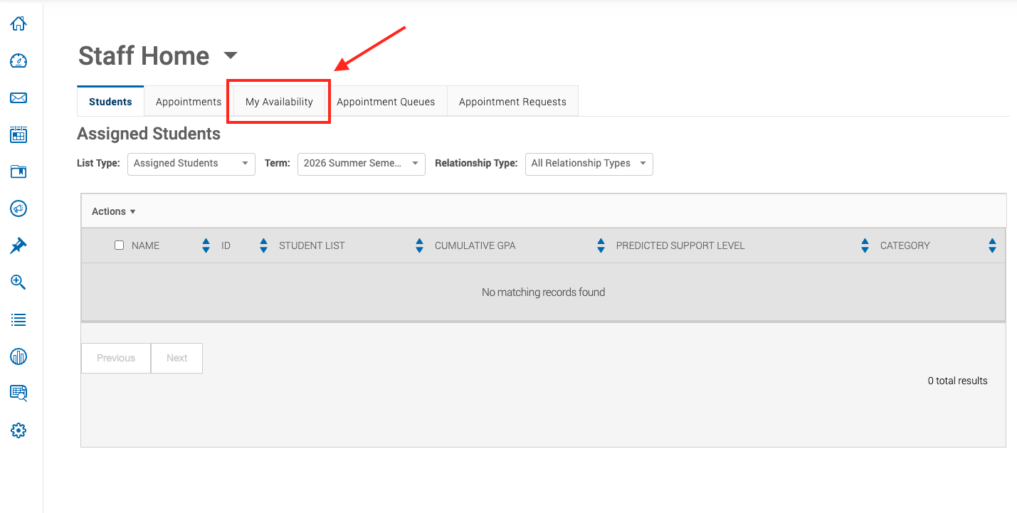 red box with arrow around my availability tab
