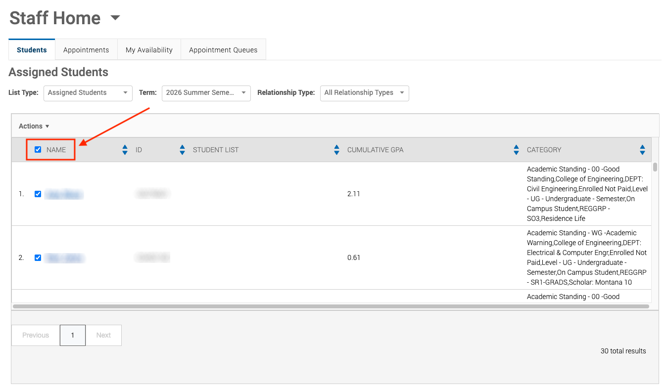 red box with arrow around name checkbox