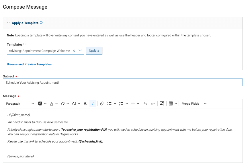advising template in welcome message