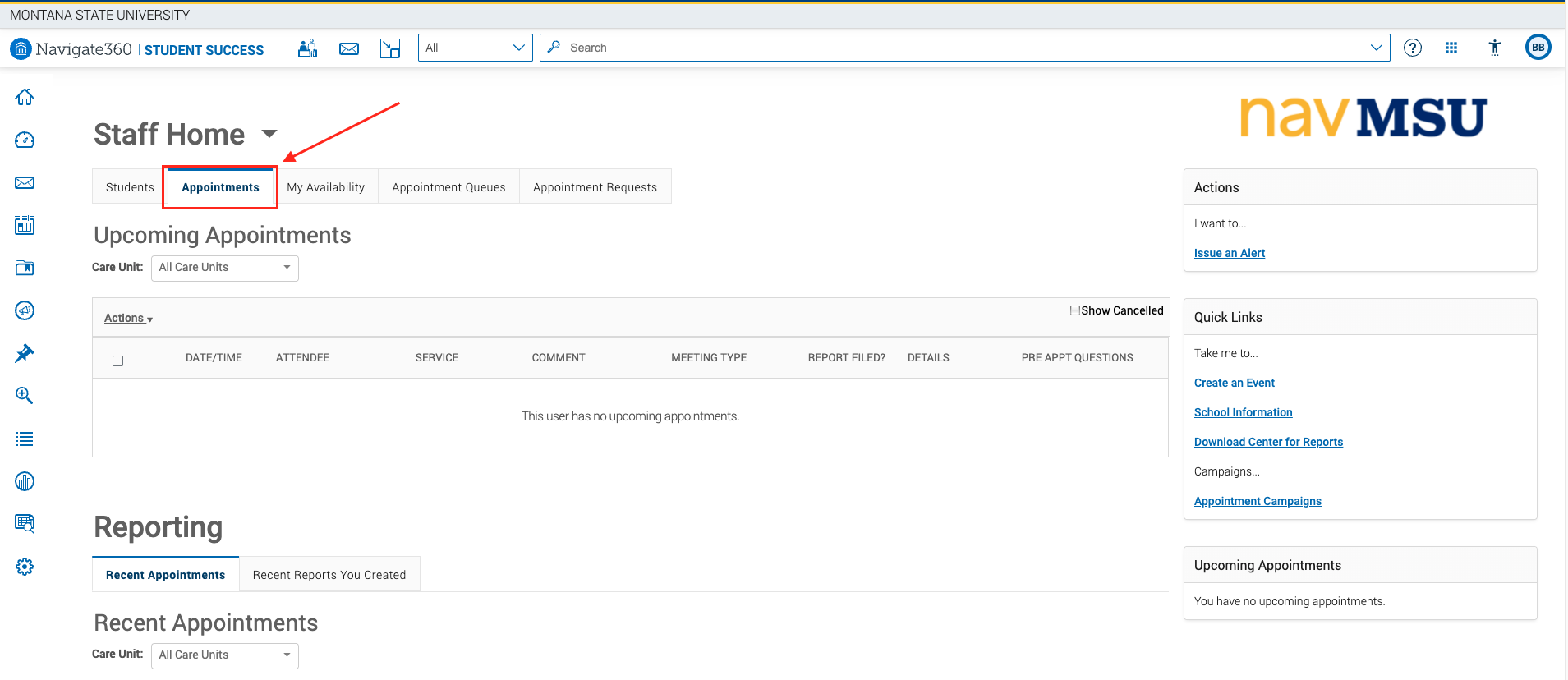 red box and arrow to appointments tab