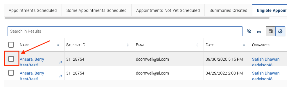 red box around appointment checkbox