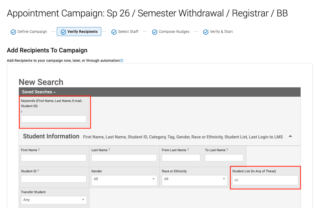 red boxes around keywords and student list