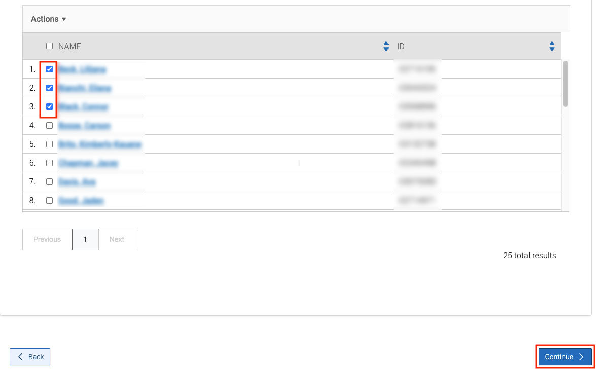 red box around student checkbox
