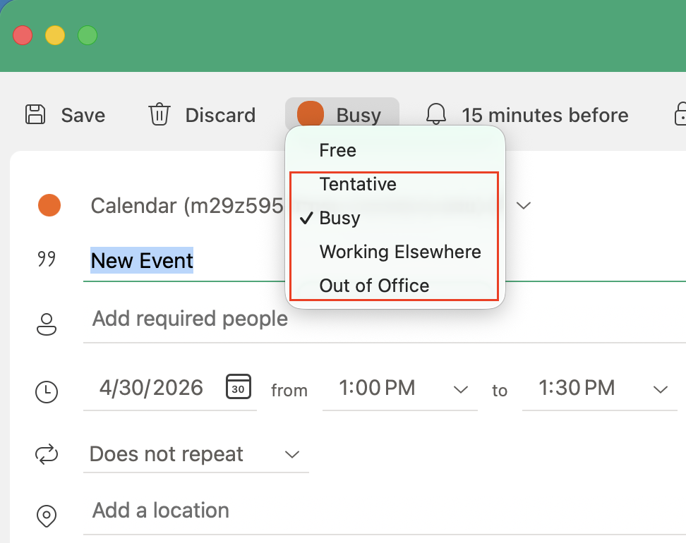 red box around outlook settings for tentative, busy, working elsewhere, out of office