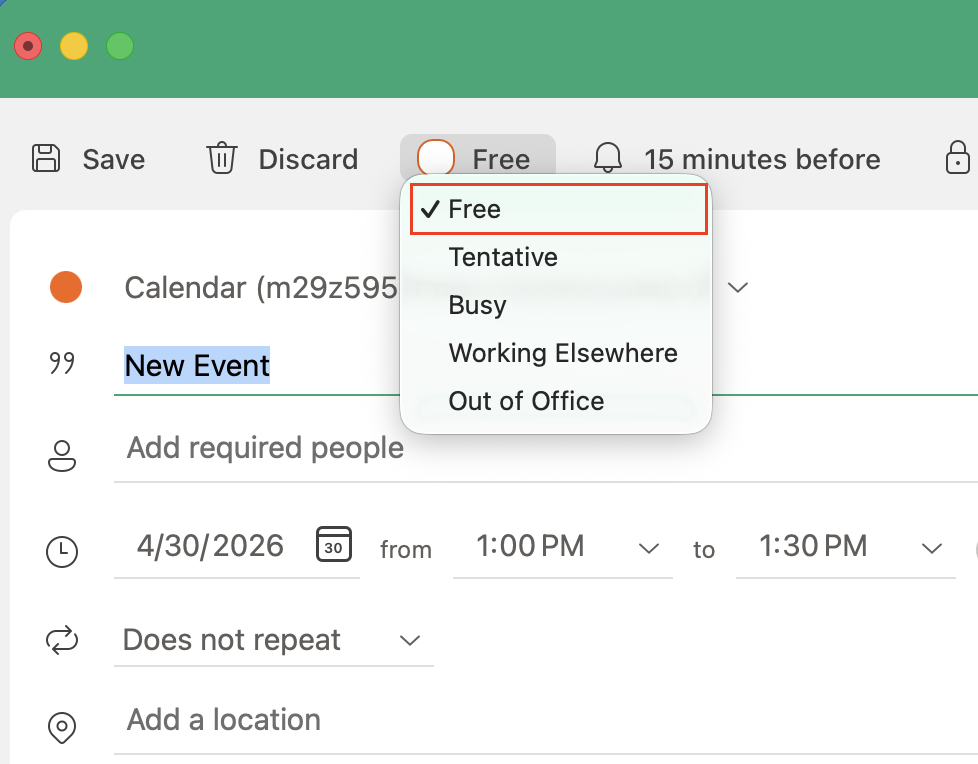red box around free in outlook