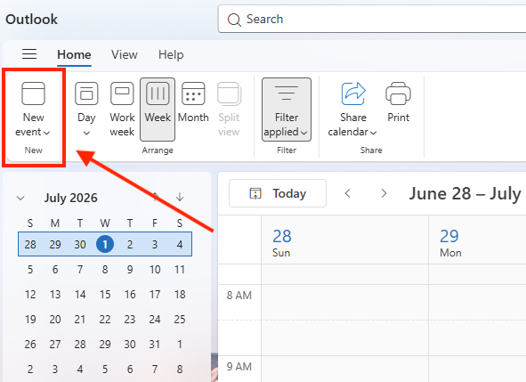 red box around new event in outlook