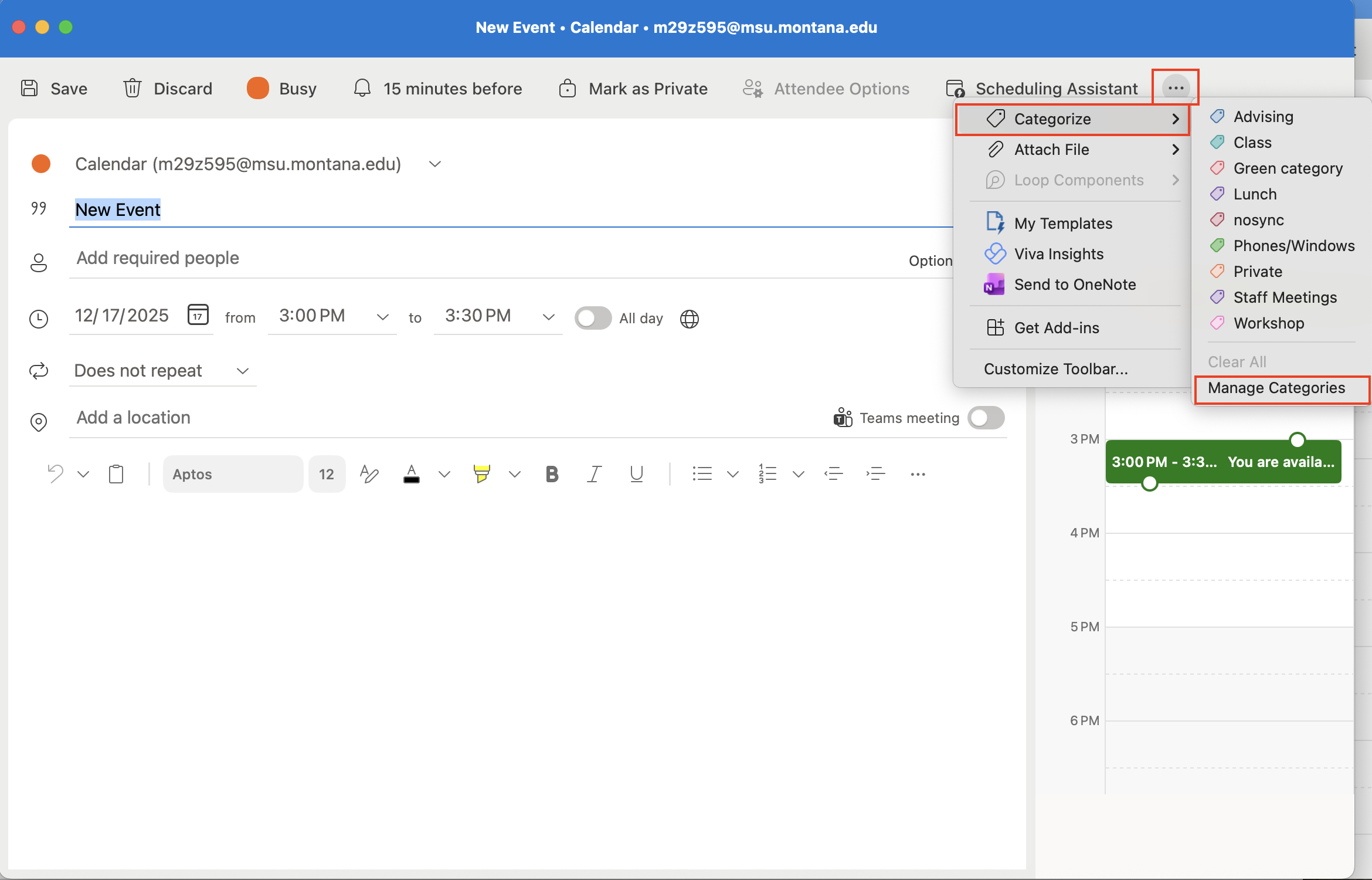red box around three dots, categorize, manage categorize button in outlook