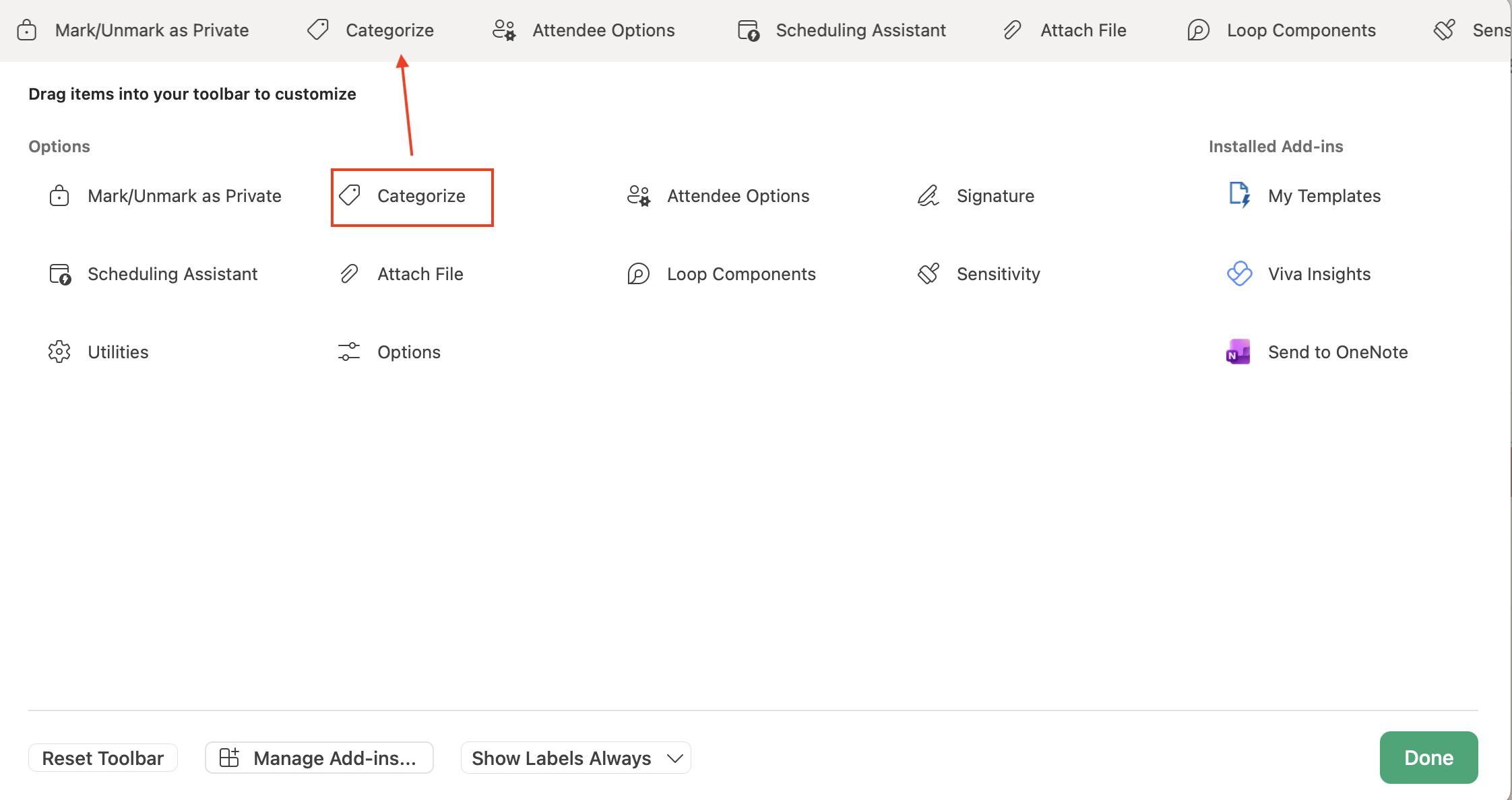 red box around categorize, red arrow pointing to toolbar